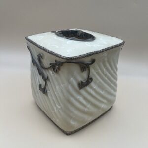 Allegro Hand Painted Square Tissue Box Cover Cream Swirl Silver Filigree 9780/43